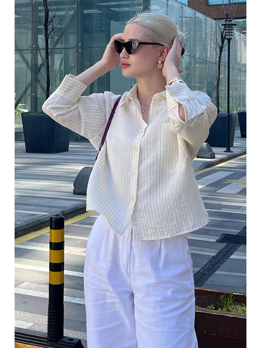 Ekru Çizgili Oversize Kadın Gömlek Mg2093-1