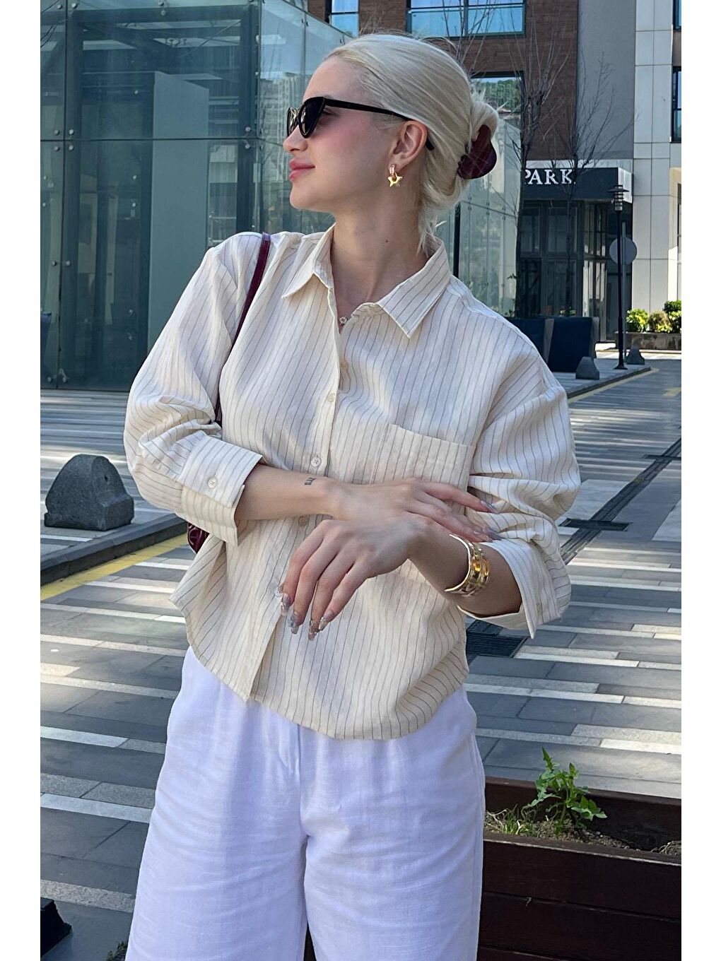 Ekru Çizgili Oversize Kadın Gömlek Mg2093-2
