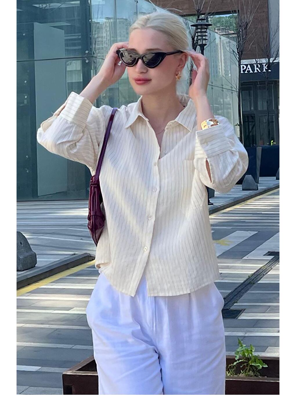 Ekru Çizgili Oversize Kadın Gömlek Mg2093-3