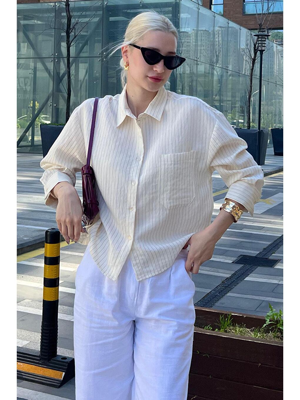 Ekru Çizgili Oversize Kadın Gömlek Mg2093-4