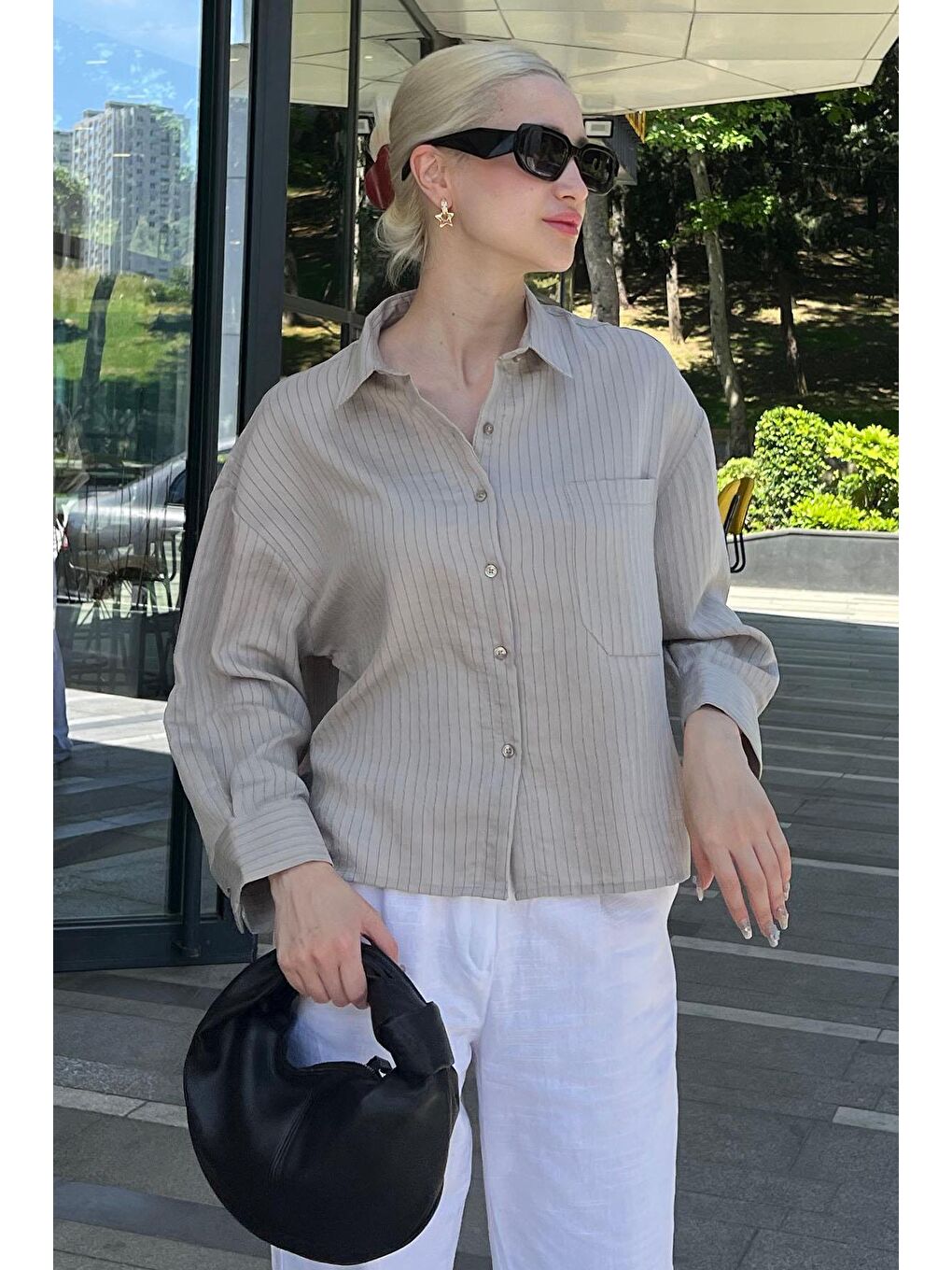 Gri Çizgili Oversize Kadın Gömlek Mg2093-1