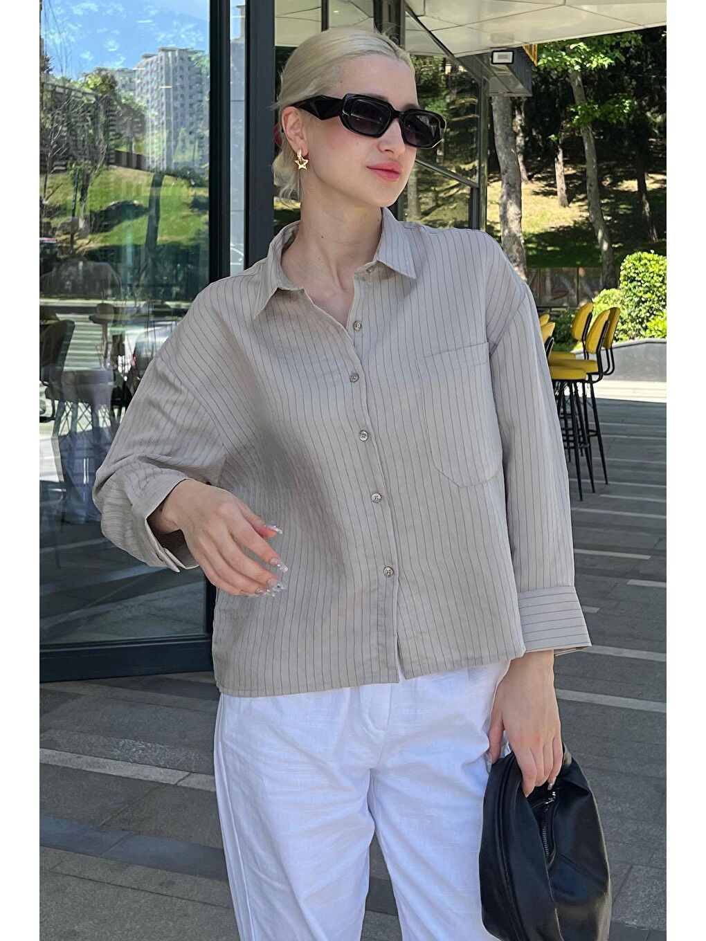Gri Çizgili Oversize Kadın Gömlek Mg2093-2