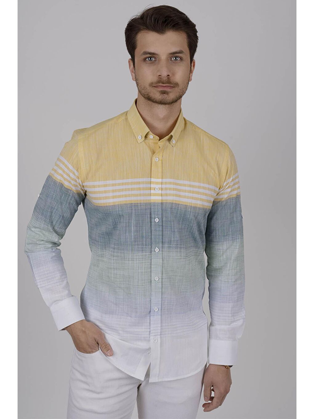 Panolu Sarı Yeşil Slimfit Keten Erkek Gömlek-1