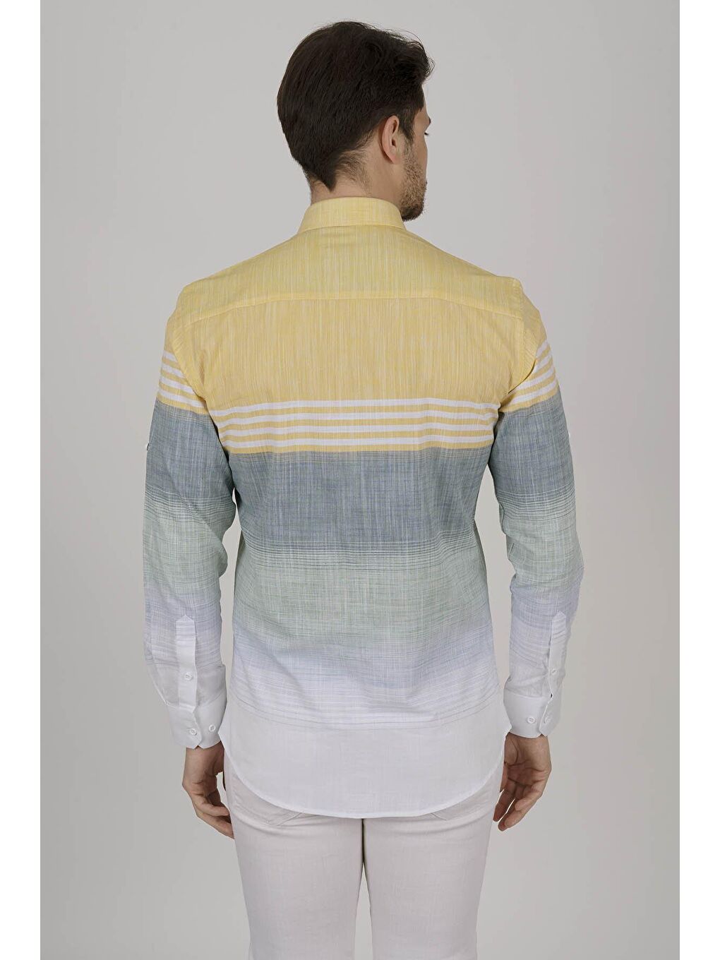 Panolu Sarı Yeşil Slimfit Keten Erkek Gömlek-5