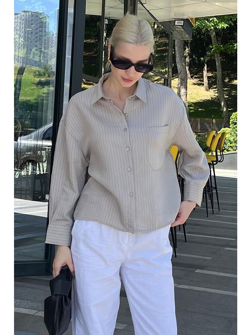 Gri Çizgili Oversize Kadın Gömlek Mg2093-3