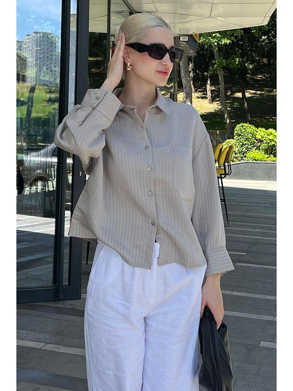 Gri Çizgili Oversize Kadın Gömlek Mg2093-4