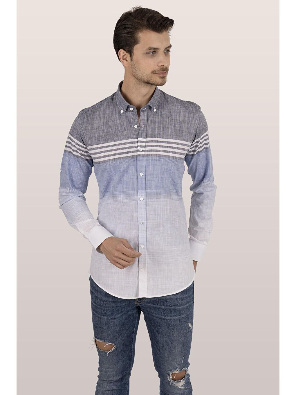 Panolu Gri Mavi Slimfit Keten Erkek %100 Pamuk Gömlek-1