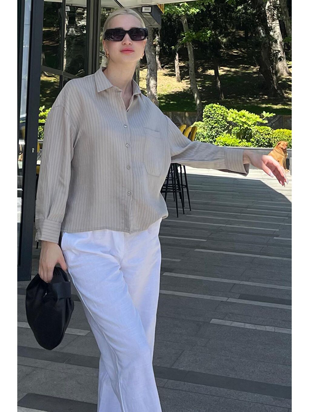 Gri Çizgili Oversize Kadın Gömlek Mg2093-5