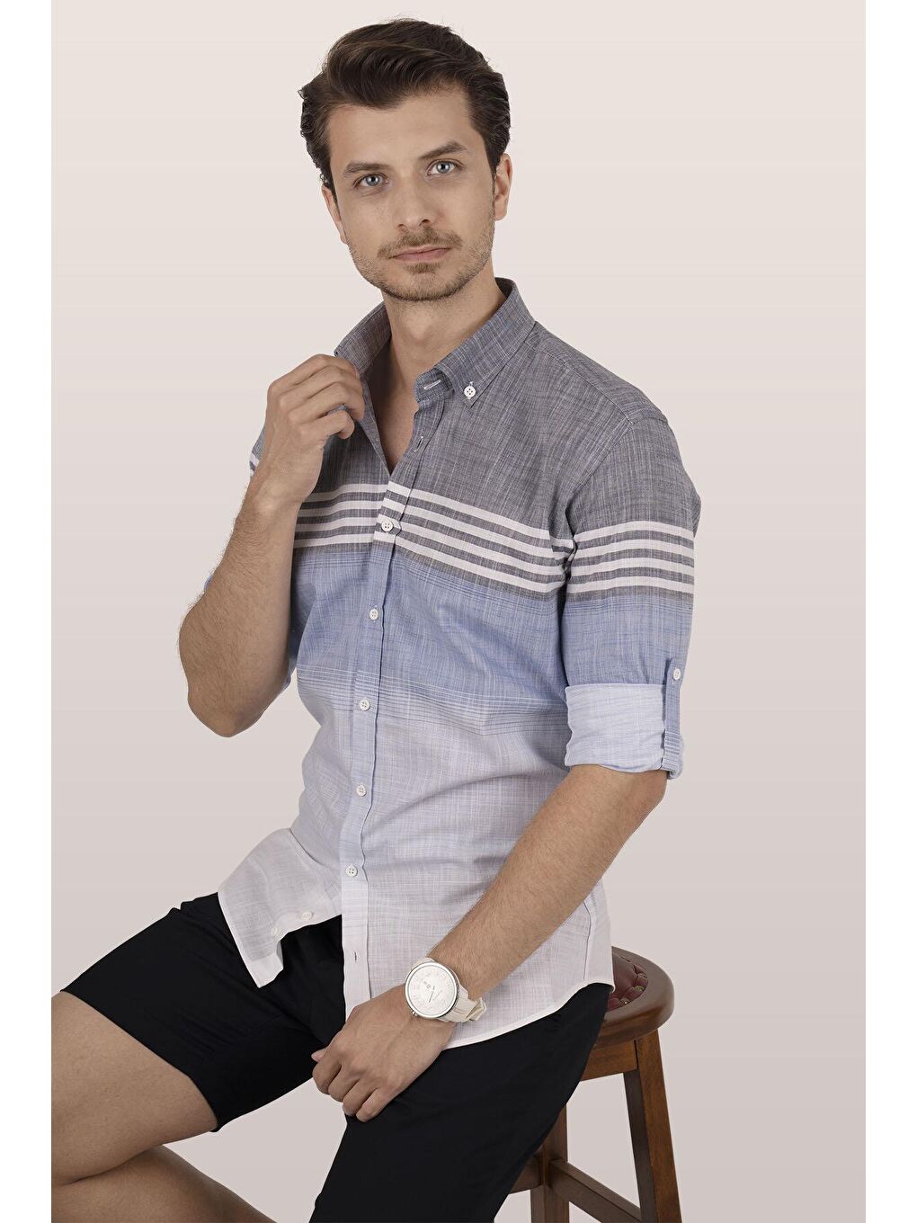 Panolu Gri Mavi Slimfit Keten Erkek %100 Pamuk Gömlek-2