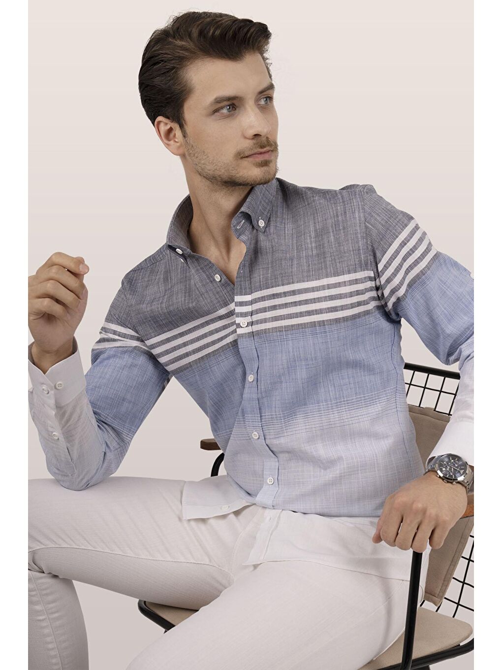 Panolu Gri Mavi Slimfit Keten Erkek %100 Pamuk Gömlek-4