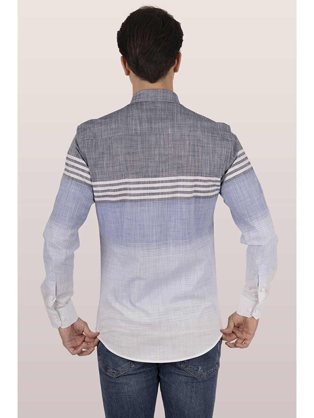 Panolu Gri Mavi Slimfit Keten Erkek %100 Pamuk Gömlek-5