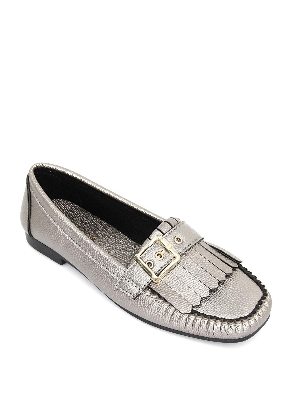 Gri Yuvarlak Burun Düz Taban Tokalı Püsküllü Kadın Babet 30151-4