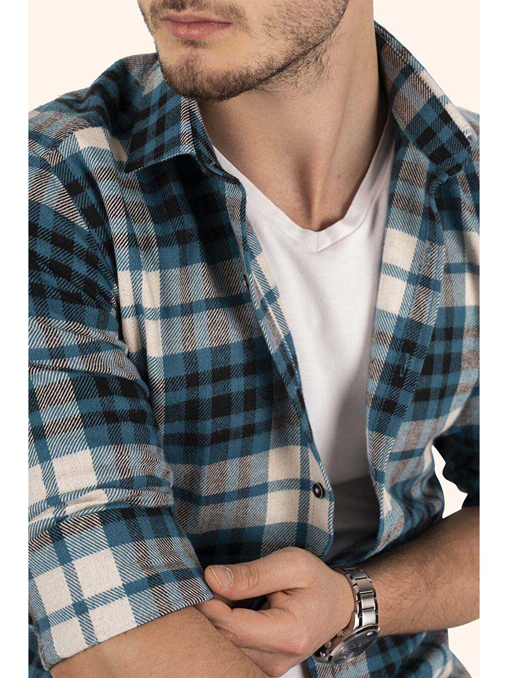 Turkuaz SlimFit Oduncu Erkek Gömlek