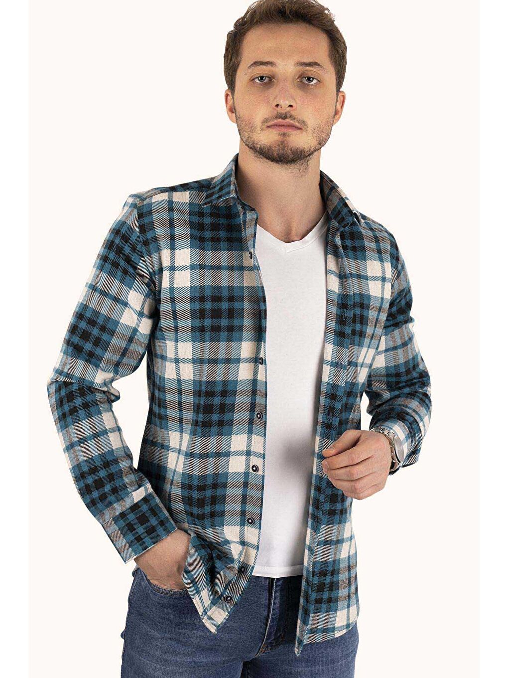 Turkuaz SlimFit Oduncu Erkek Gömlek-1