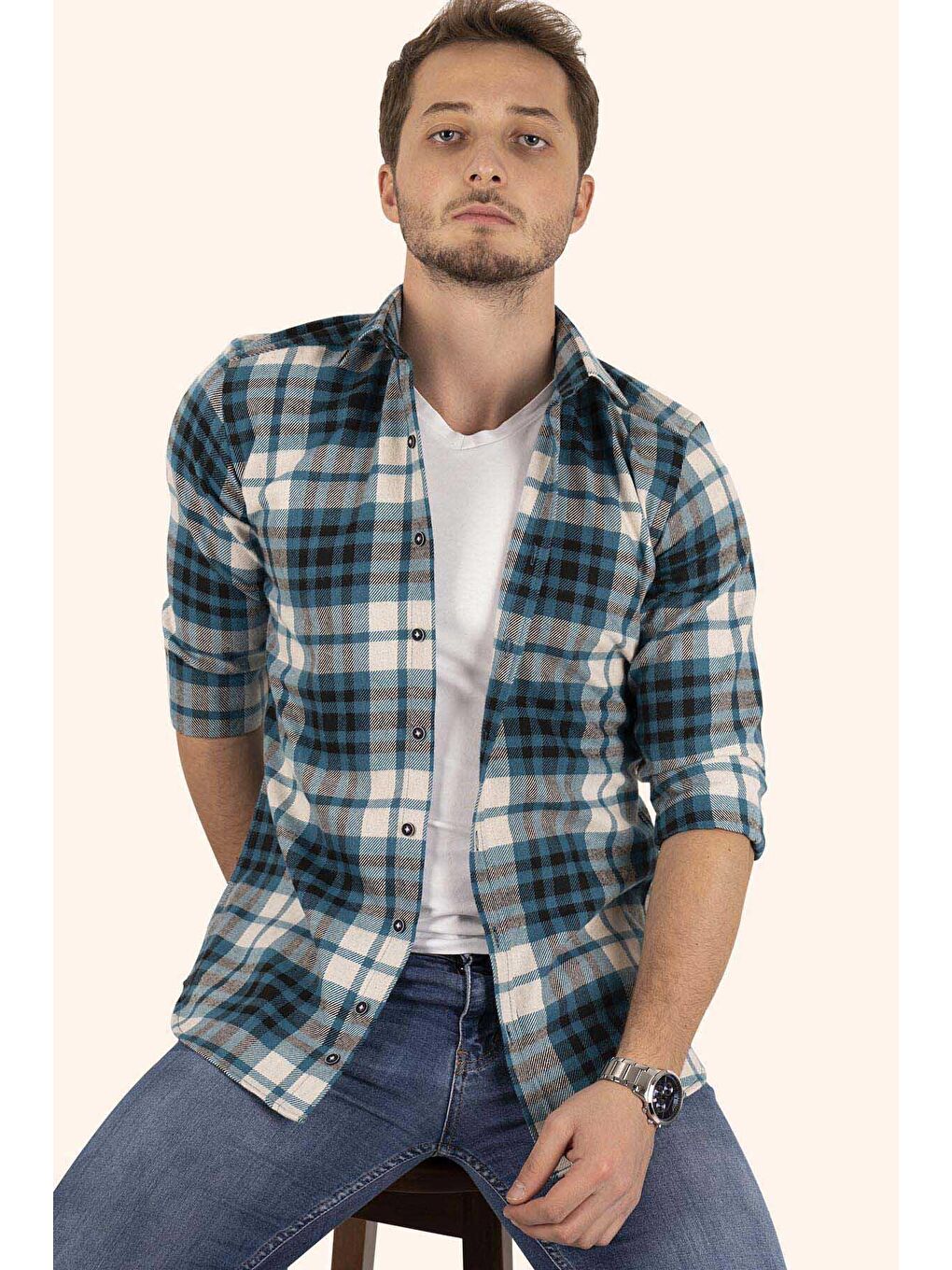 Turkuaz SlimFit Oduncu Erkek Gömlek-2