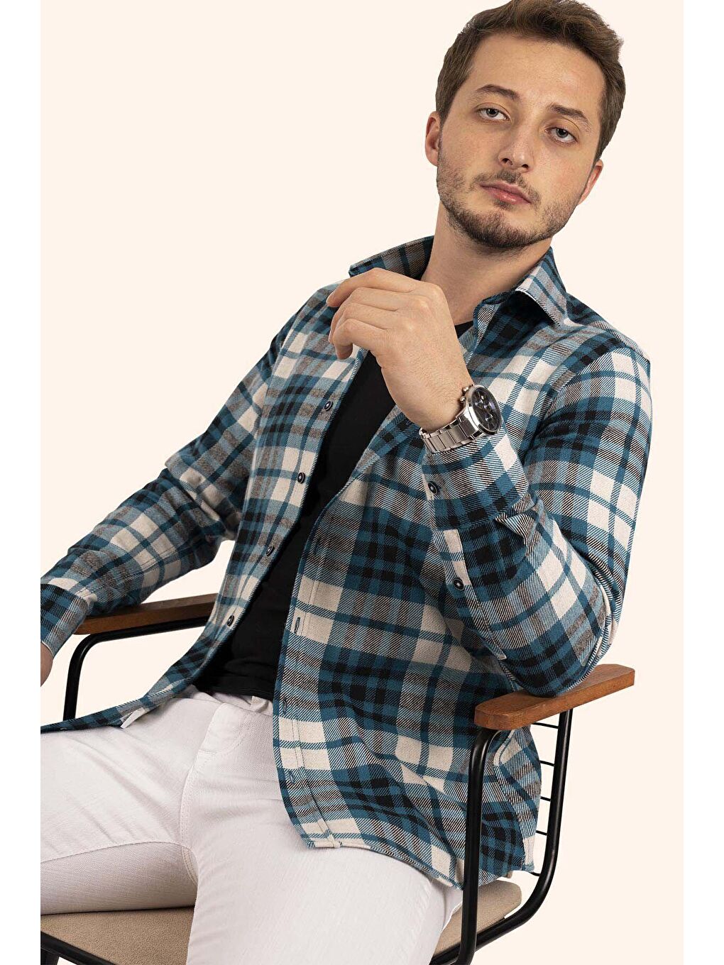 Turkuaz SlimFit Oduncu Erkek Gömlek-3