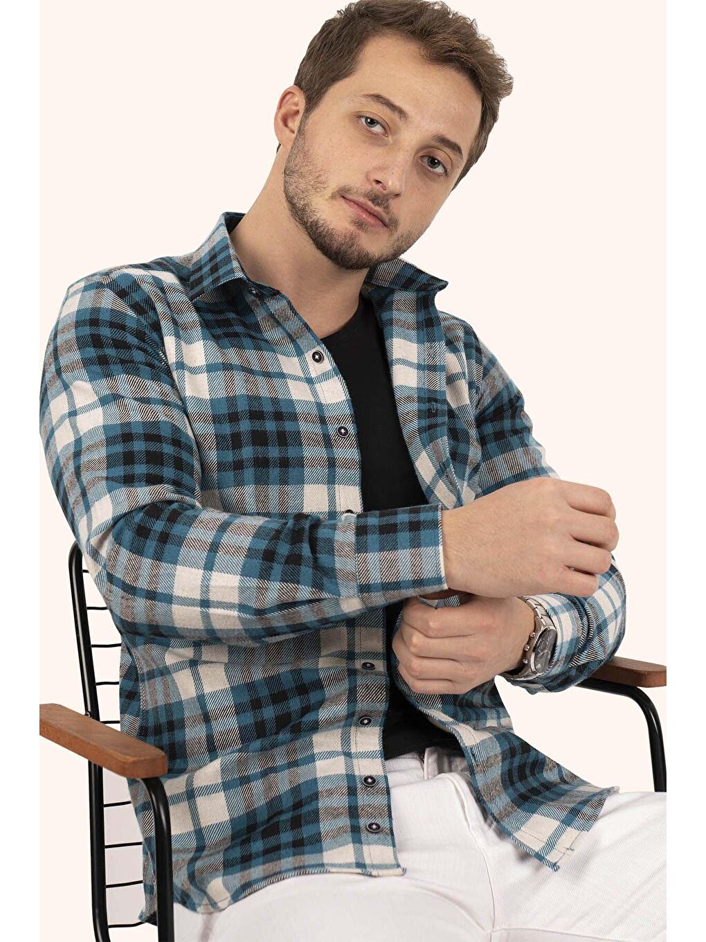 Turkuaz SlimFit Oduncu Erkek Gömlek-4