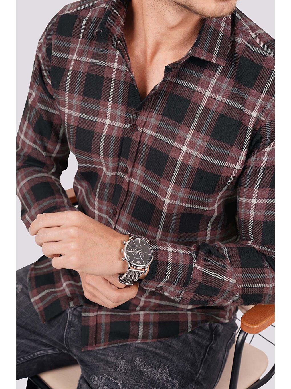 Bordo Beyaz Çizgili Slimfit %100 Pamuk Erkek Oduncu Gömlek-1