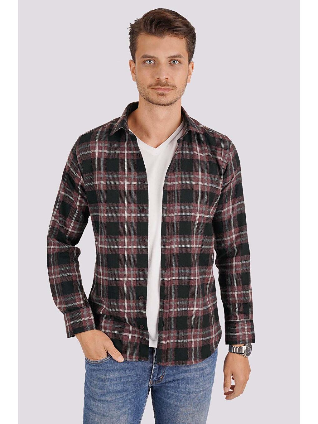 Bordo Beyaz Çizgili Slimfit %100 Pamuk Erkek Oduncu Gömlek-2