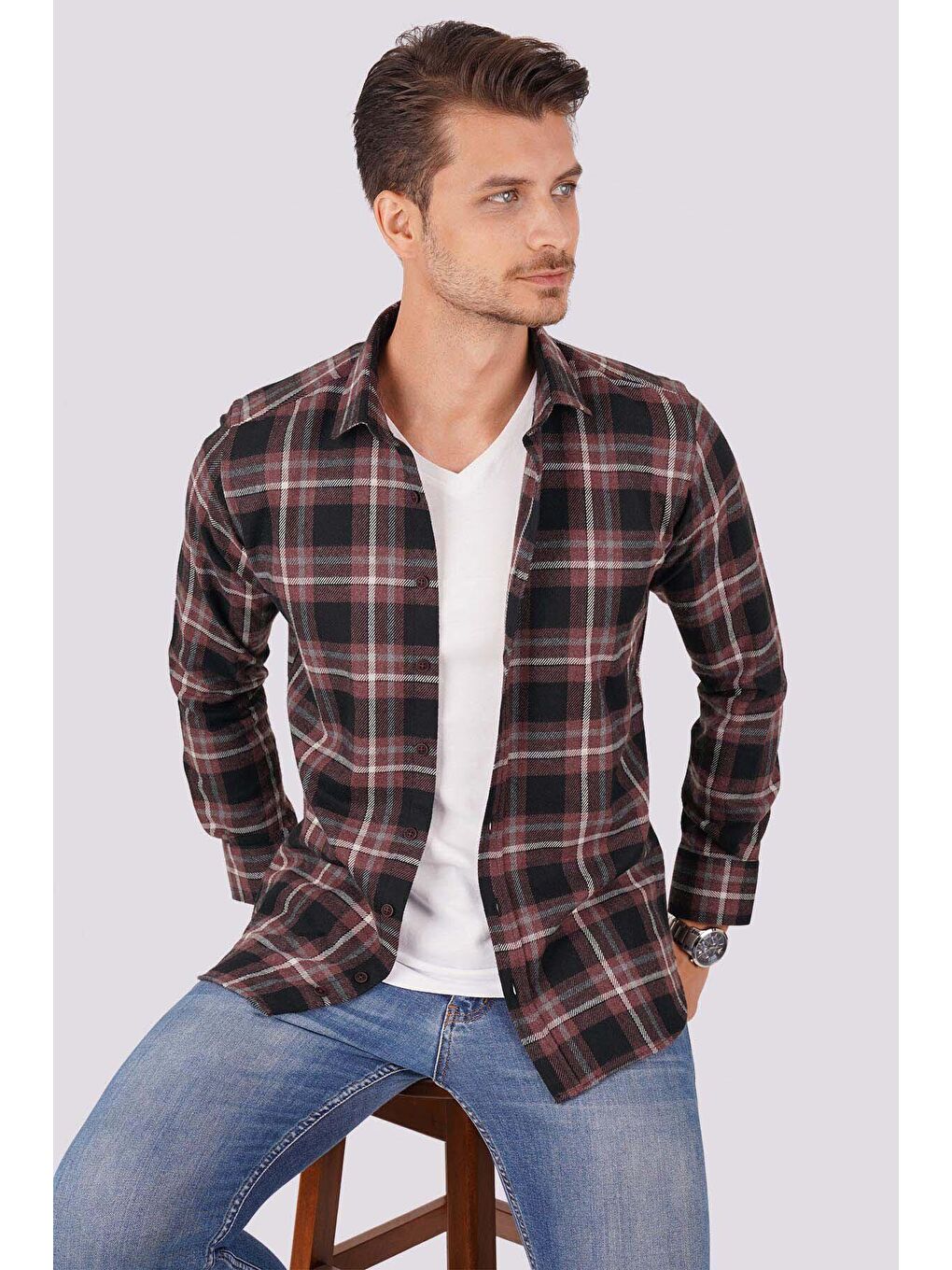 Bordo Beyaz Çizgili Slimfit %100 Pamuk Erkek Oduncu Gömlek-4