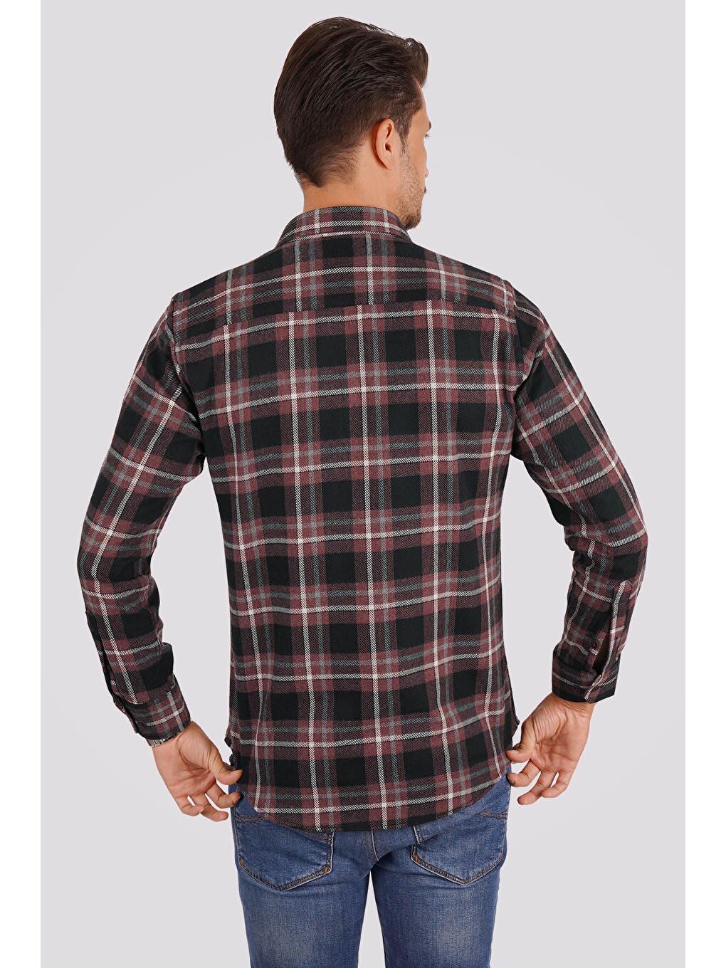 Bordo Beyaz Çizgili Slimfit %100 Pamuk Erkek Oduncu Gömlek-6