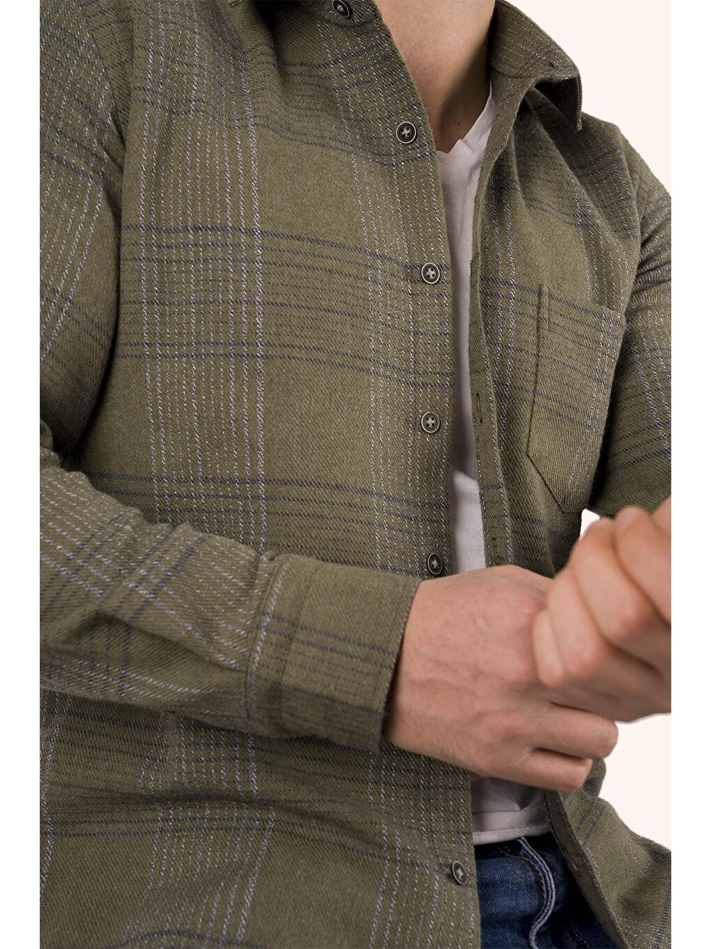 Haki Çizgili Oduncu Slimfit Erkek Gömlek