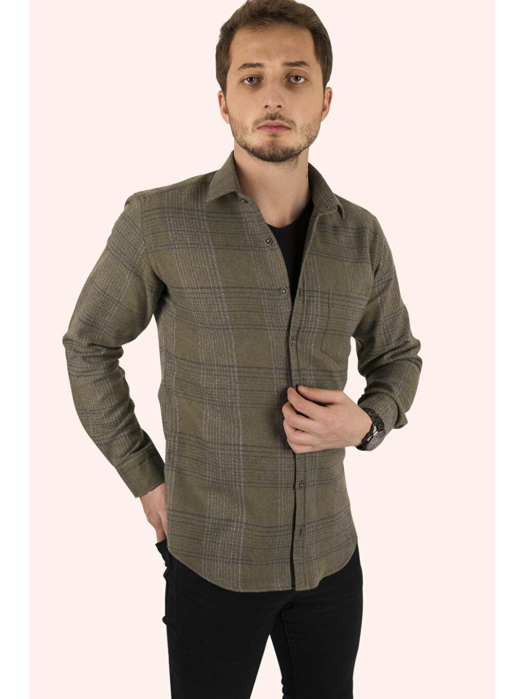 Haki Çizgili Oduncu Slimfit Erkek Gömlek-1