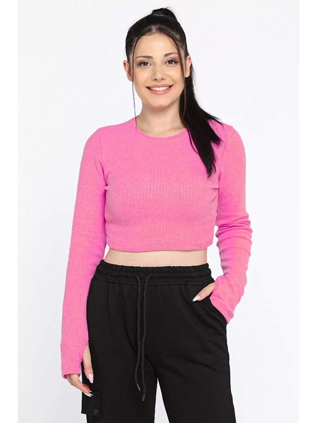 Pembe Kadın Bisiklet Yaka Kolu Pencereli Kaşkorse Crop Top Bluz-1