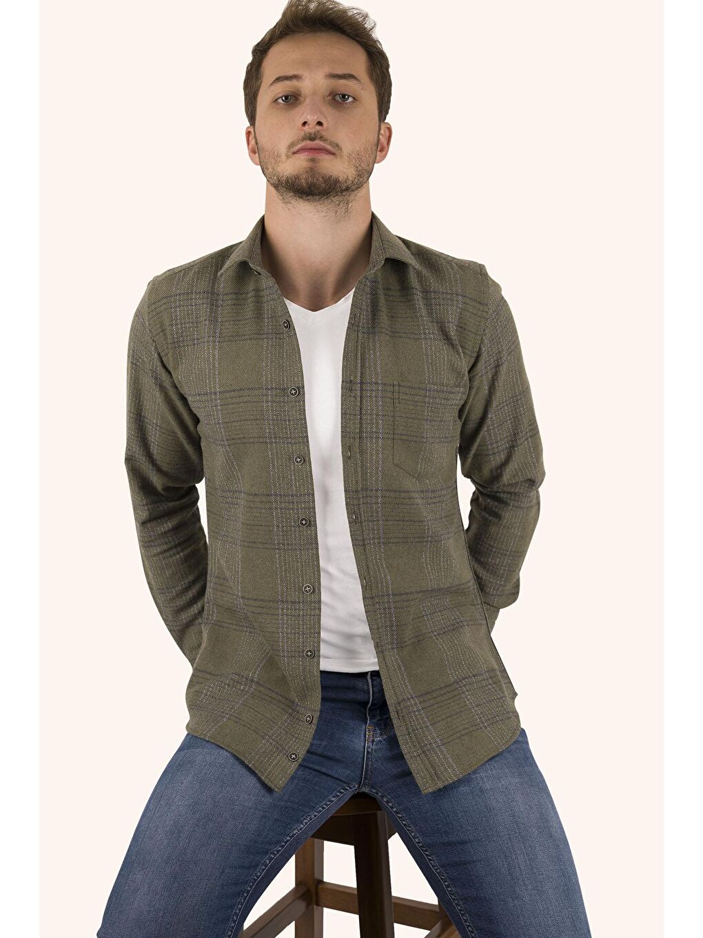 Haki Çizgili Oduncu Slimfit Erkek Gömlek-2