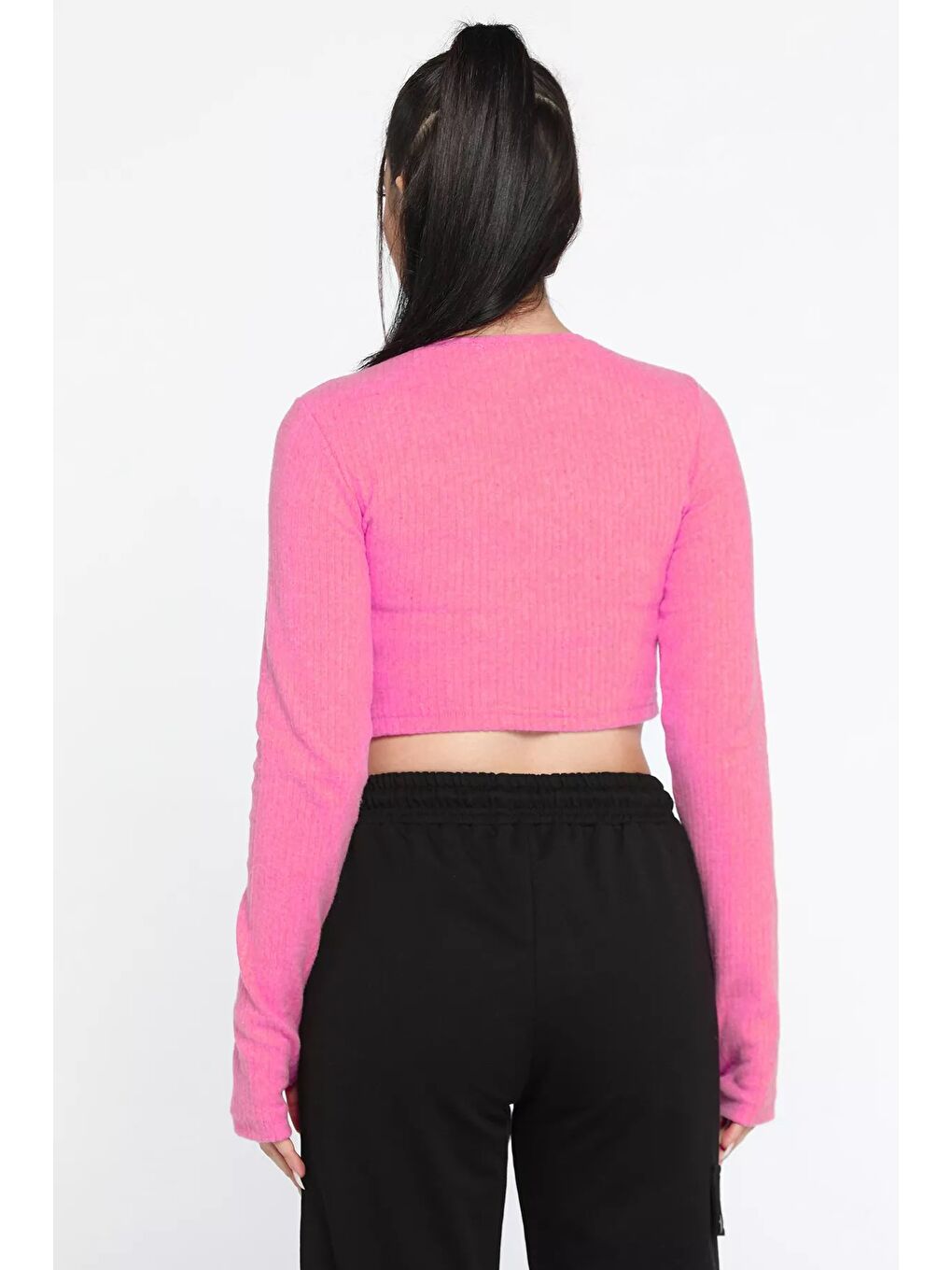 Pembe Kadın Bisiklet Yaka Kolu Pencereli Kaşkorse Crop Top Bluz-2