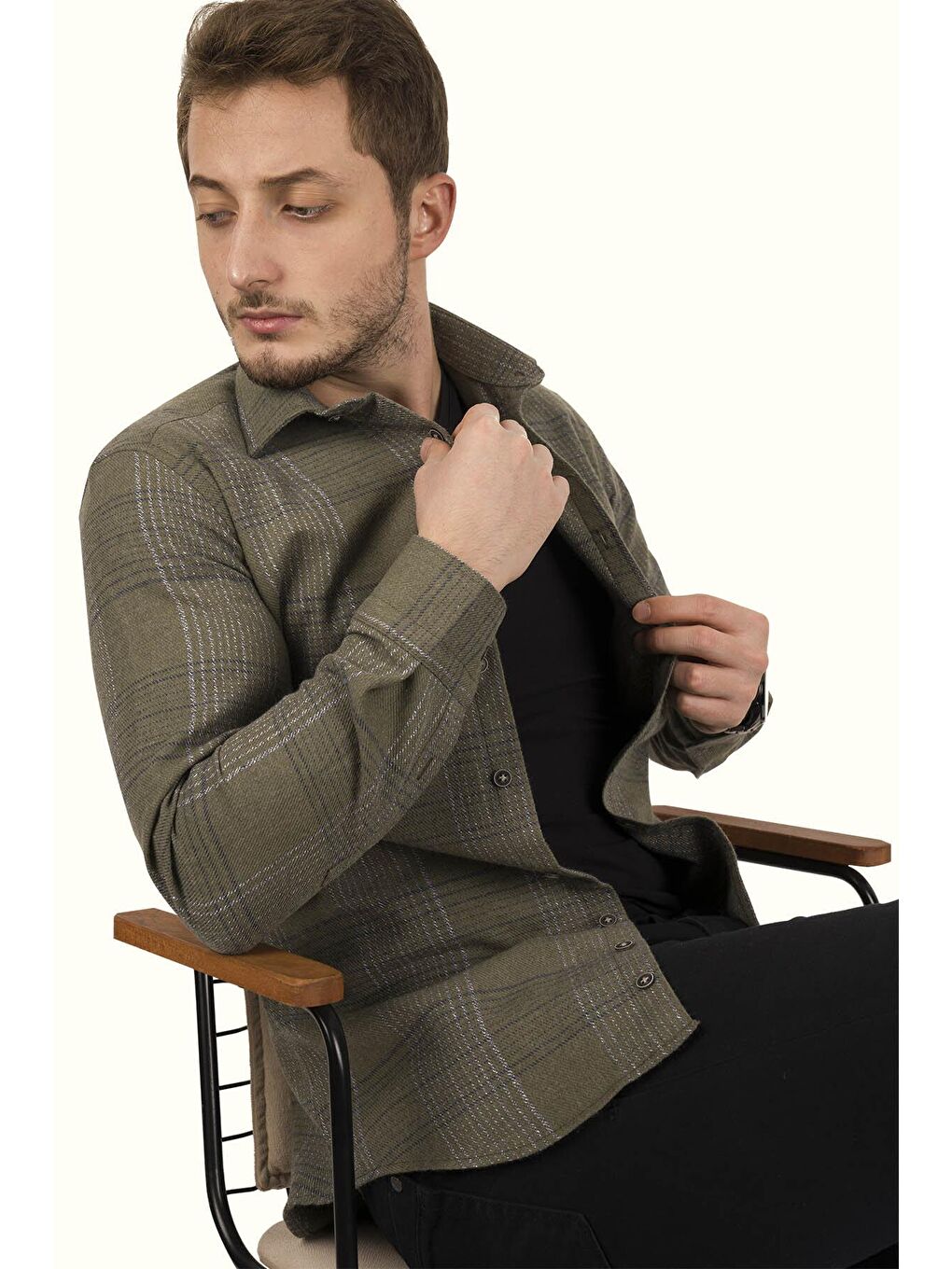 Haki Çizgili Oduncu Slimfit Erkek Gömlek-4