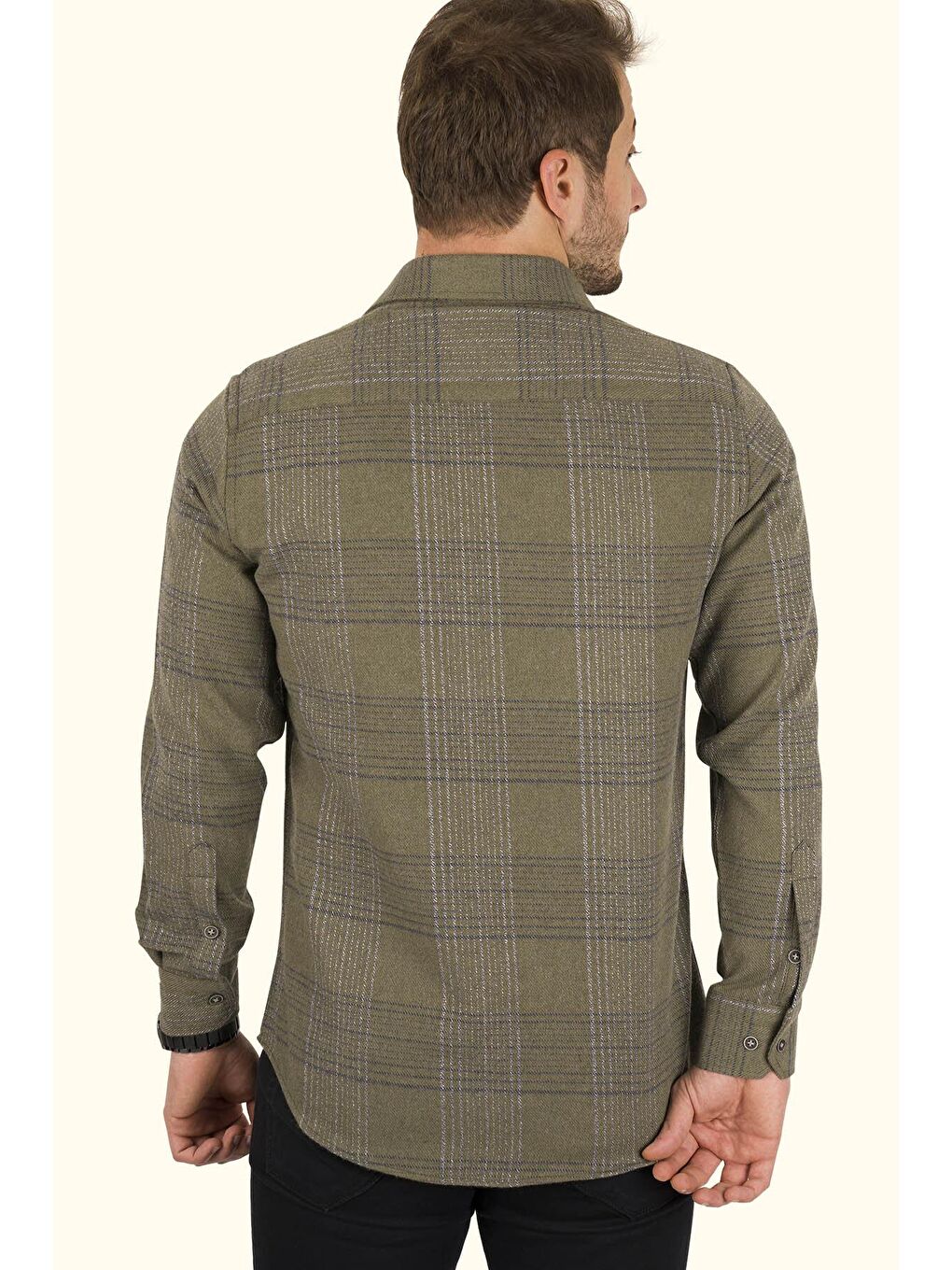 Haki Çizgili Oduncu Slimfit Erkek Gömlek-5