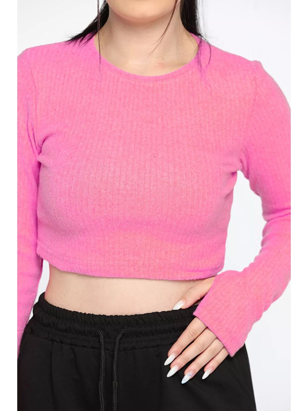 Pembe Kadın Bisiklet Yaka Kolu Pencereli Kaşkorse Crop Top Bluz-3