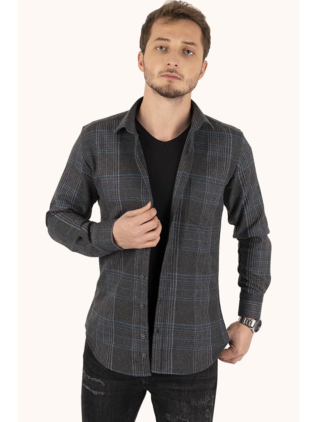 Etikmen Açık Siyah Yeşil Çizgili Slimfit Oduncu Erkek Gömlek - 1