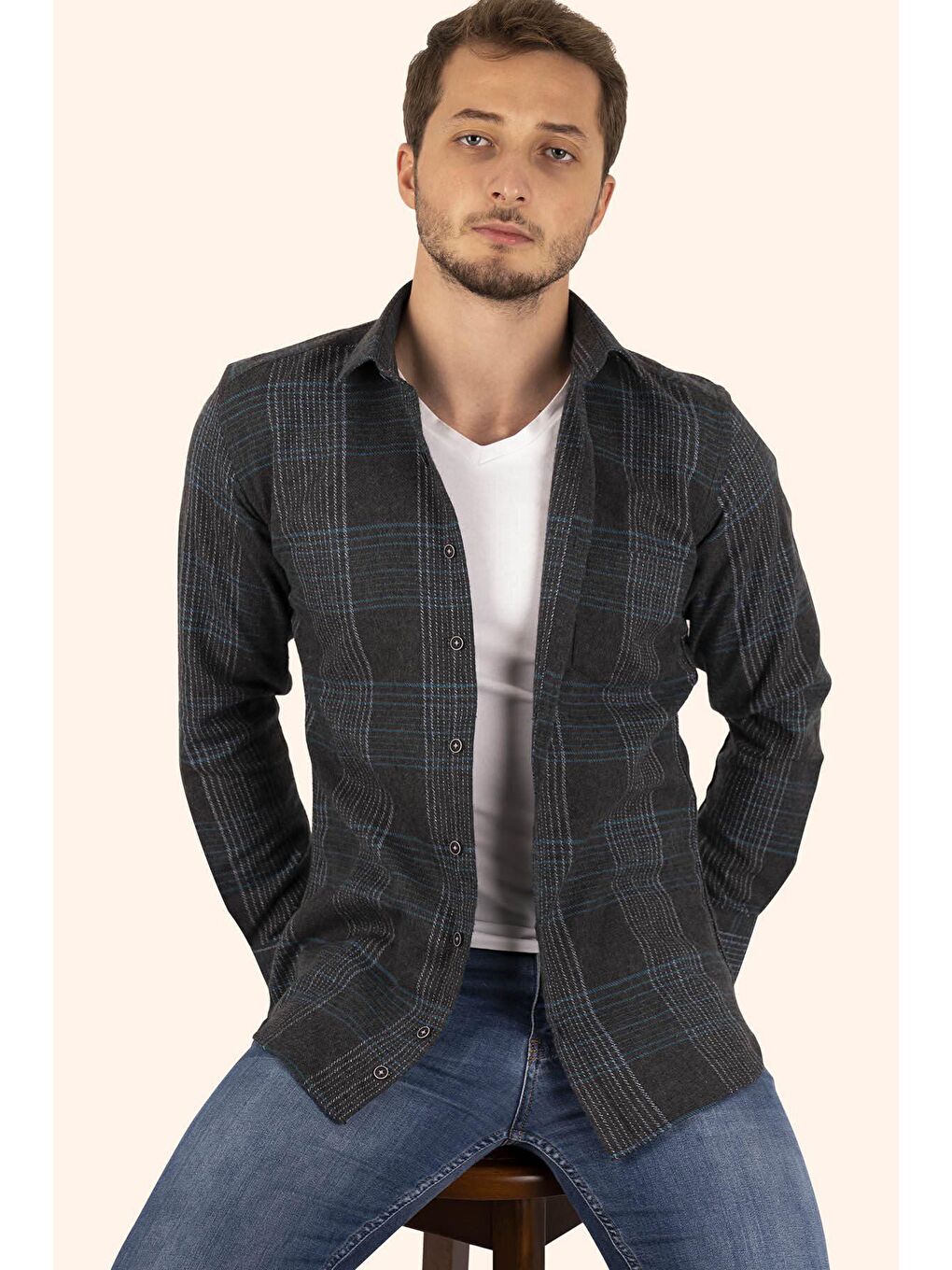 Etikmen Açık Siyah Yeşil Çizgili Slimfit Oduncu Erkek Gömlek - 2
