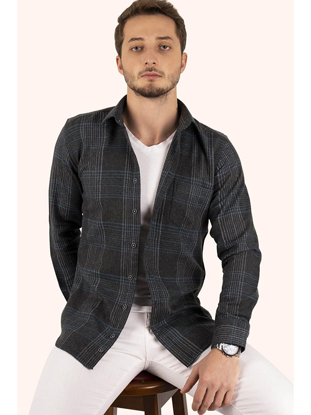 Etikmen Açık Siyah Yeşil Çizgili Slimfit Oduncu Erkek Gömlek - 3