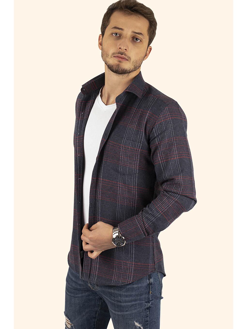 Etikmen Lacivert Kırmızı Çizgili Slimfit Oduncu Erkek Gömlek - 4