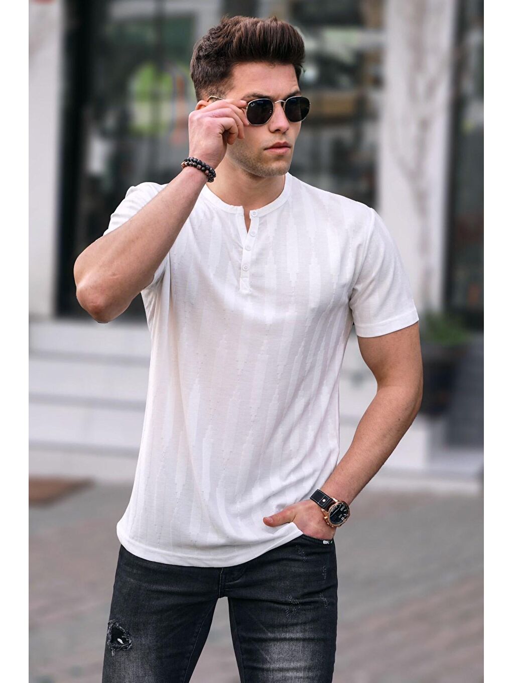 Madmext Erkek Beyaz Düğmeli Tişört 5831