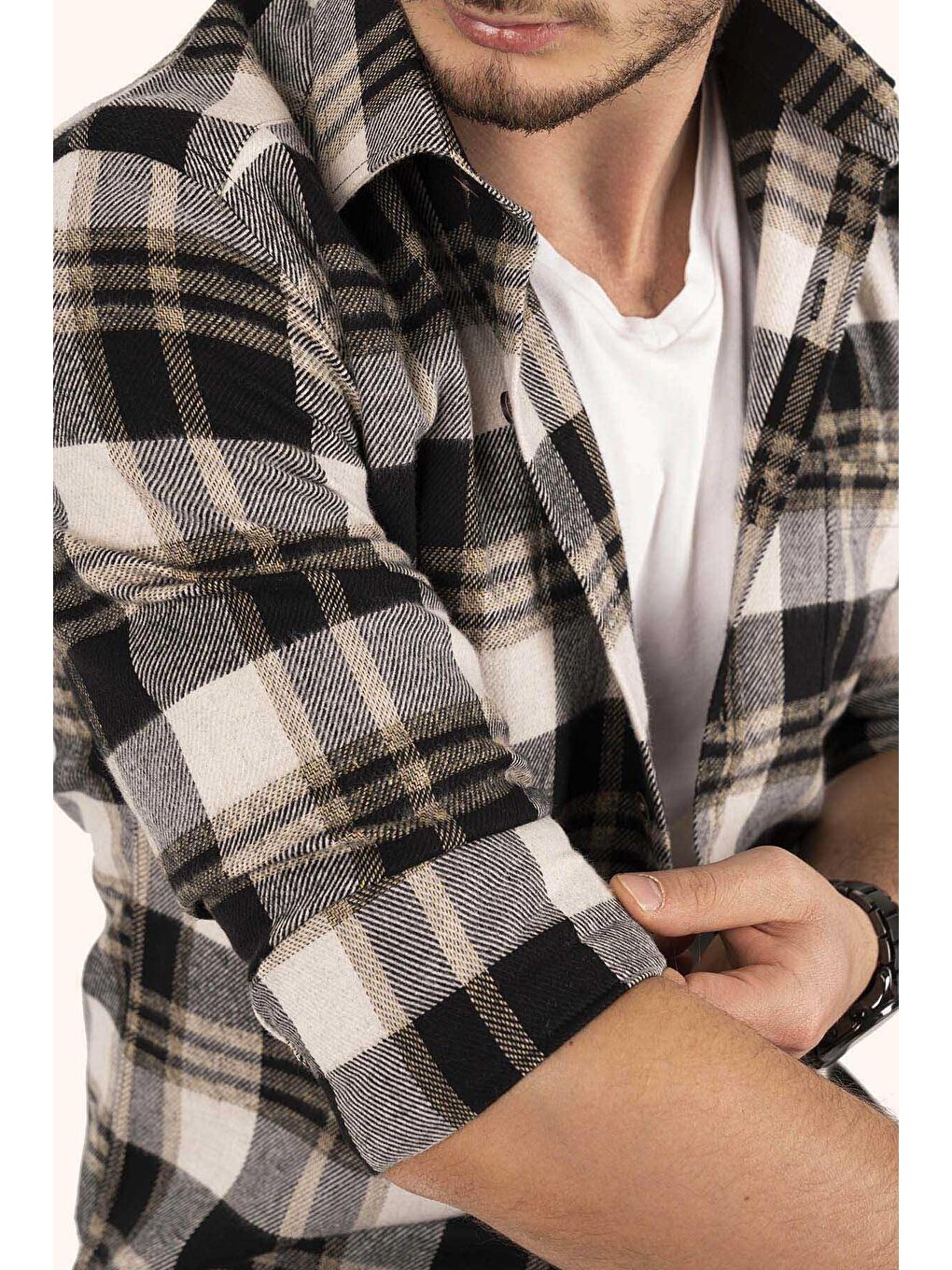 Kahverengi Kahve Beyaz Slimfit %100 Pamuk Erkek Oduncu Gömlek