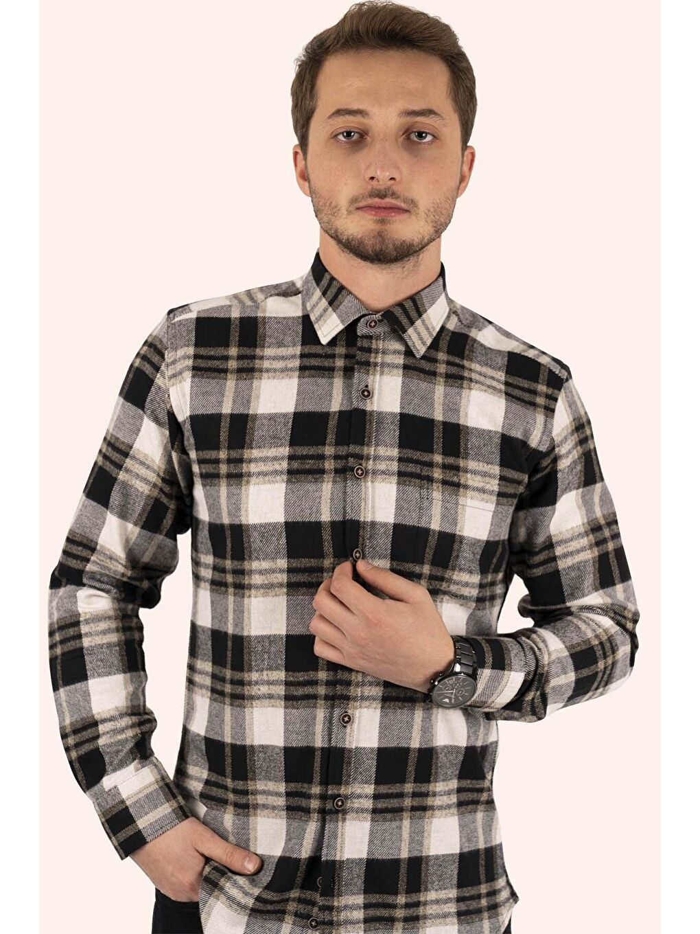 Kahverengi Kahve Beyaz Slimfit %100 Pamuk Erkek Oduncu Gömlek-1