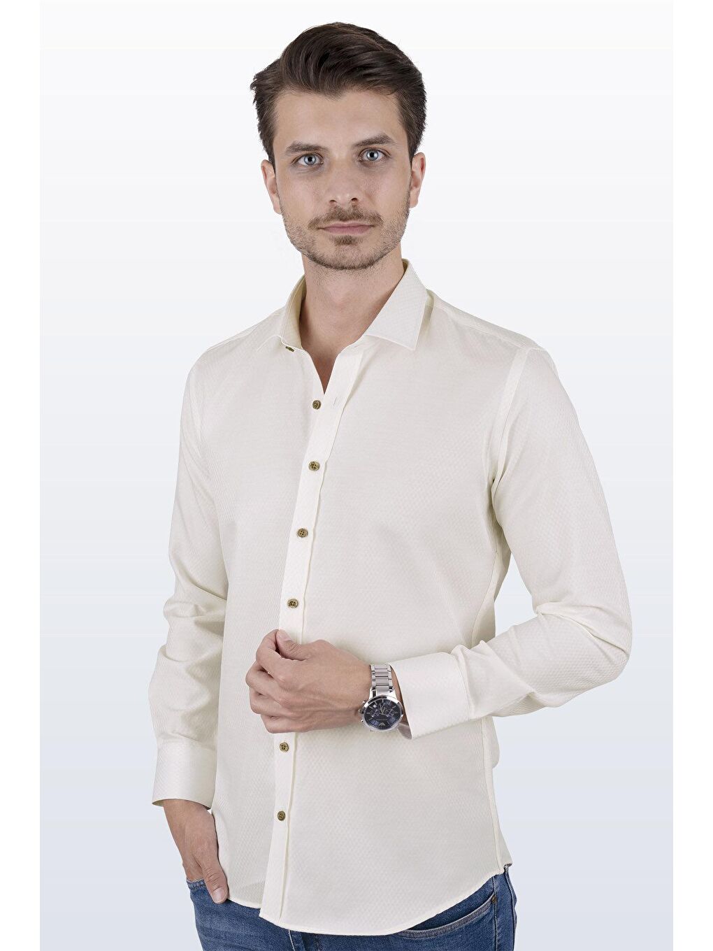 Ekru Krem Baklava Desenli Slimfit Erkek Gömlek-1