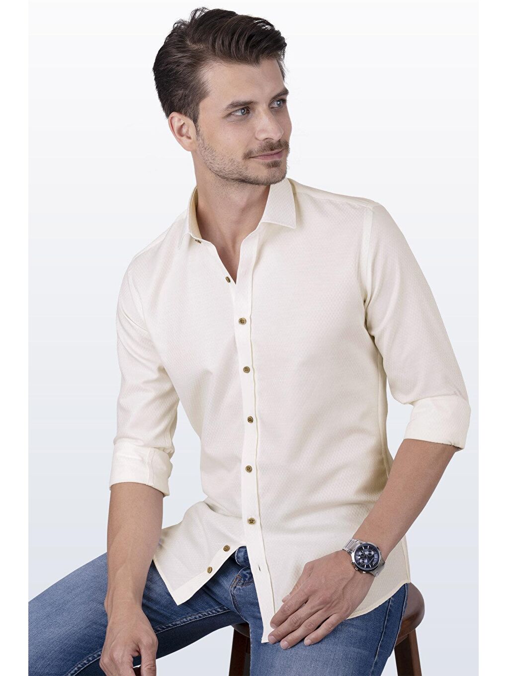 Ekru Krem Baklava Desenli Slimfit Erkek Gömlek-2