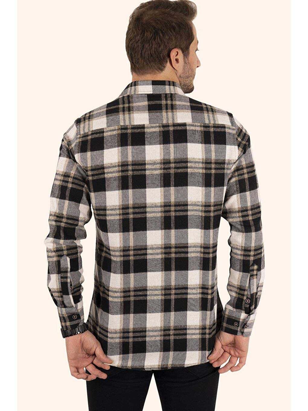 Kahverengi Kahve Beyaz Slimfit %100 Pamuk Erkek Oduncu Gömlek-5