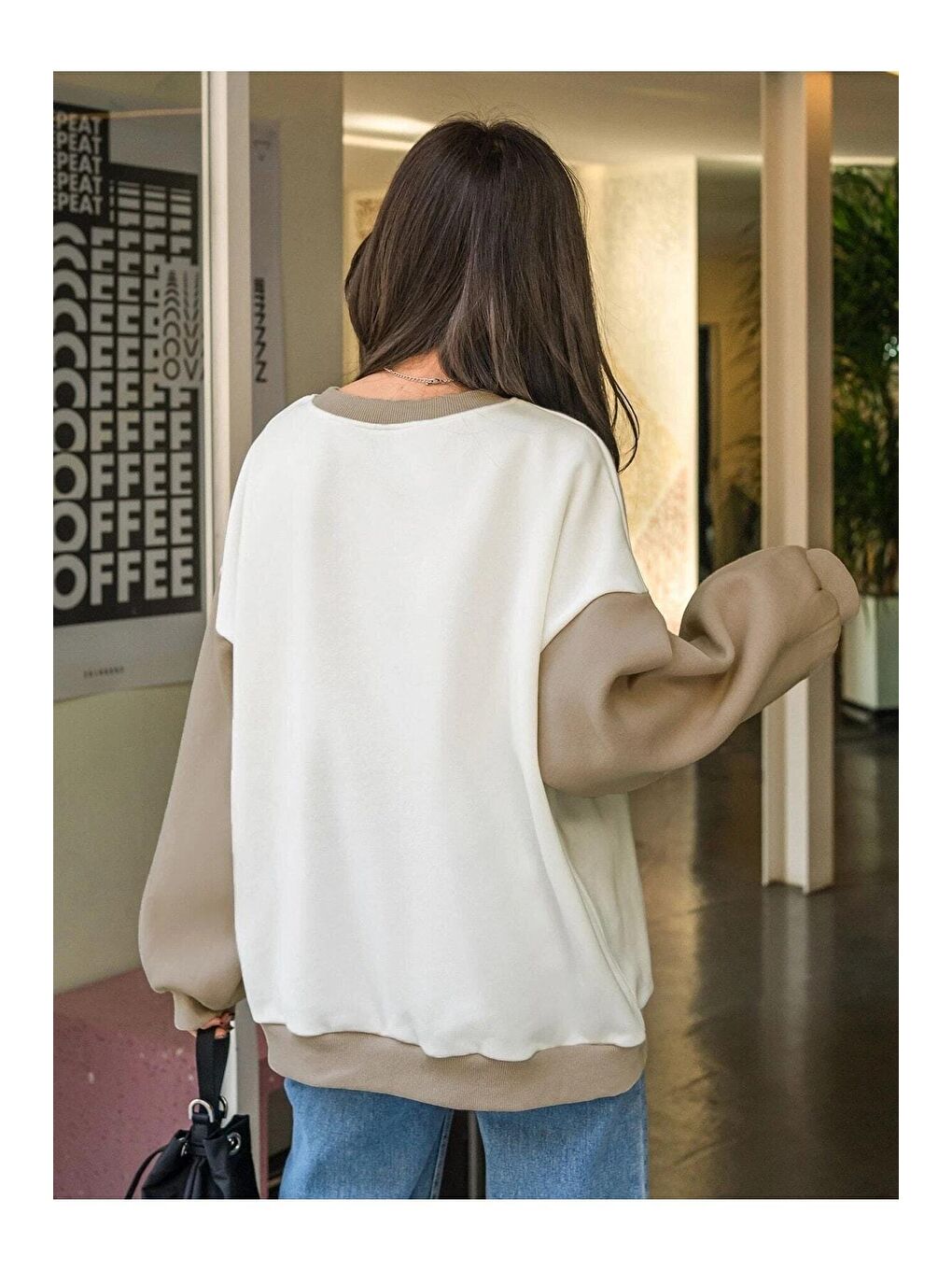 Bej Kadın Beyaz Enough Baskılı BEJ Kol Detay Oversize Sweatshirt-1