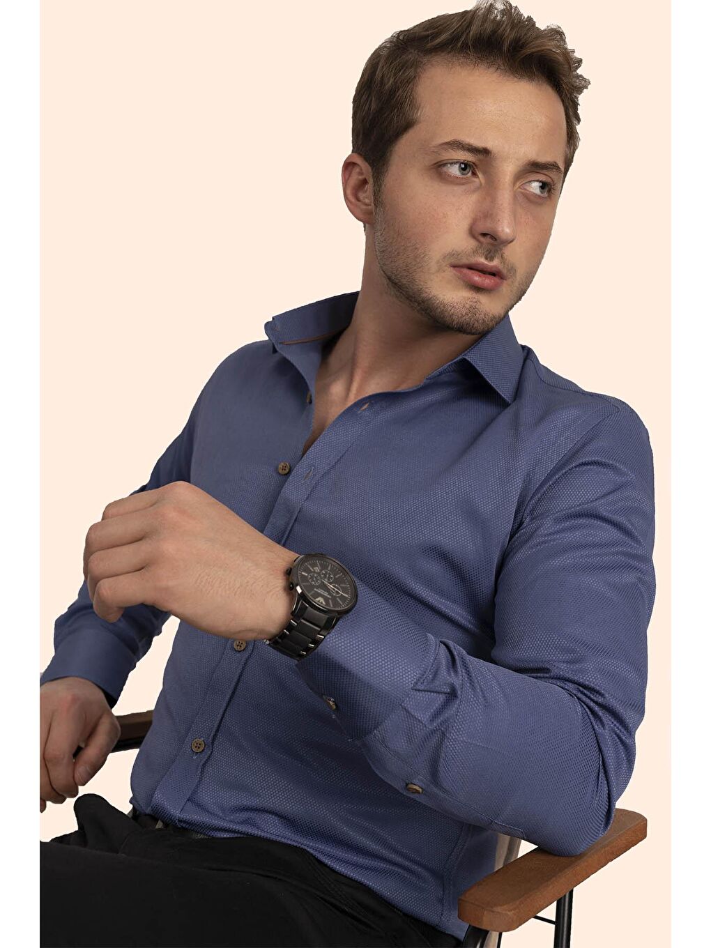 Mavi indigo Kahve Düğmeli Slimfit Erkek Gömlek-4