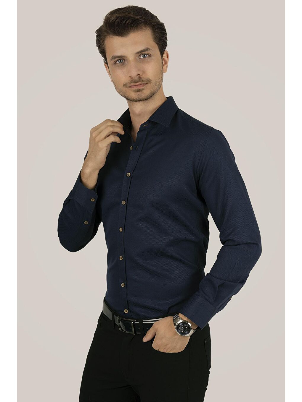 Lacivert Kahve Düğmeli Slimfit Erkek Gömlek-3