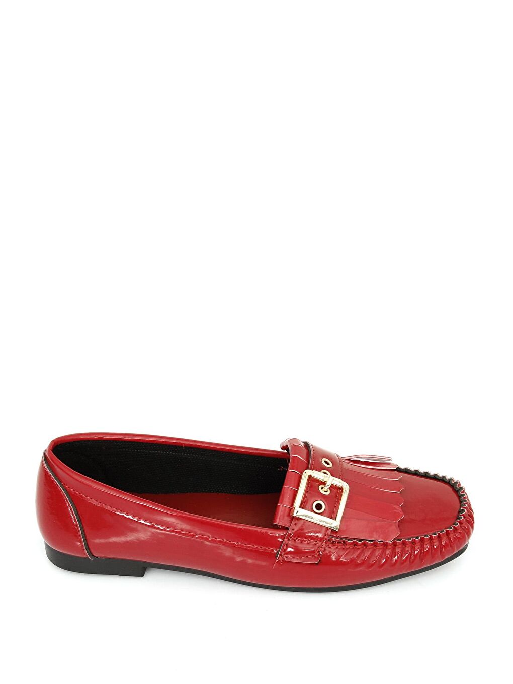 Kırmızı Yuvarlak Burun Düz Taban Tokalı Püsküllü Kadın Babet 30151-4