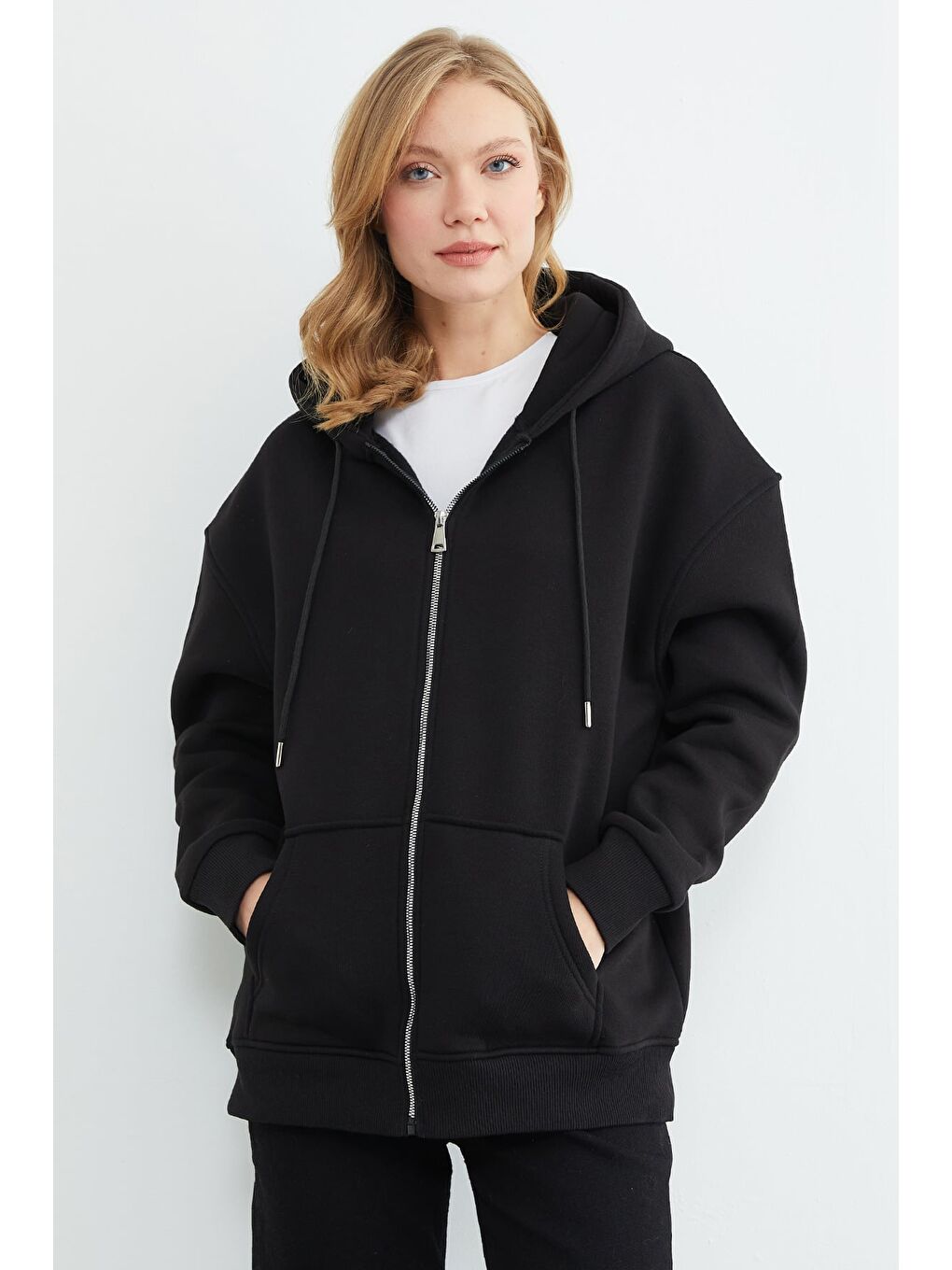 Siyah 3 İplik Basic Fermuarlı Kapüşonlu Oversize Sweatshirt Hoodie-1