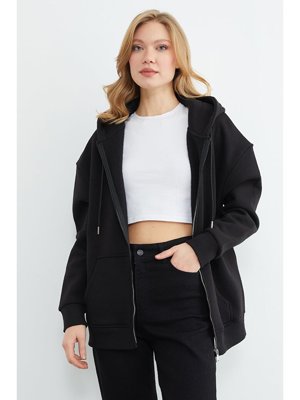 Siyah 3 İplik Basic Fermuarlı Kapüşonlu Oversize Sweatshirt Hoodie-3