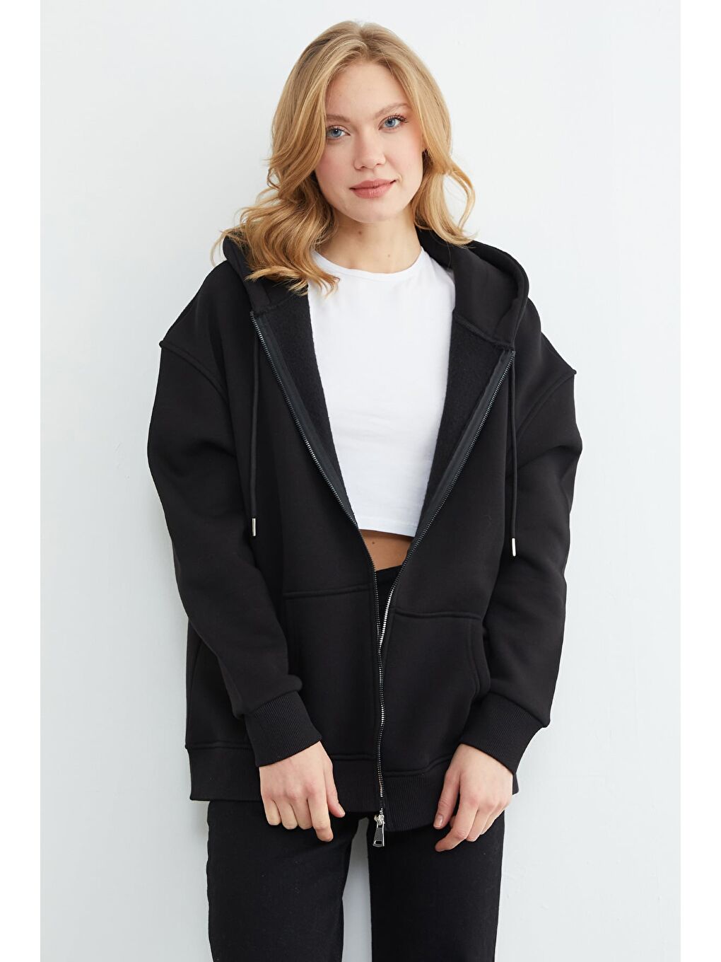 Siyah 3 İplik Basic Fermuarlı Kapüşonlu Oversize Sweatshirt Hoodie-4